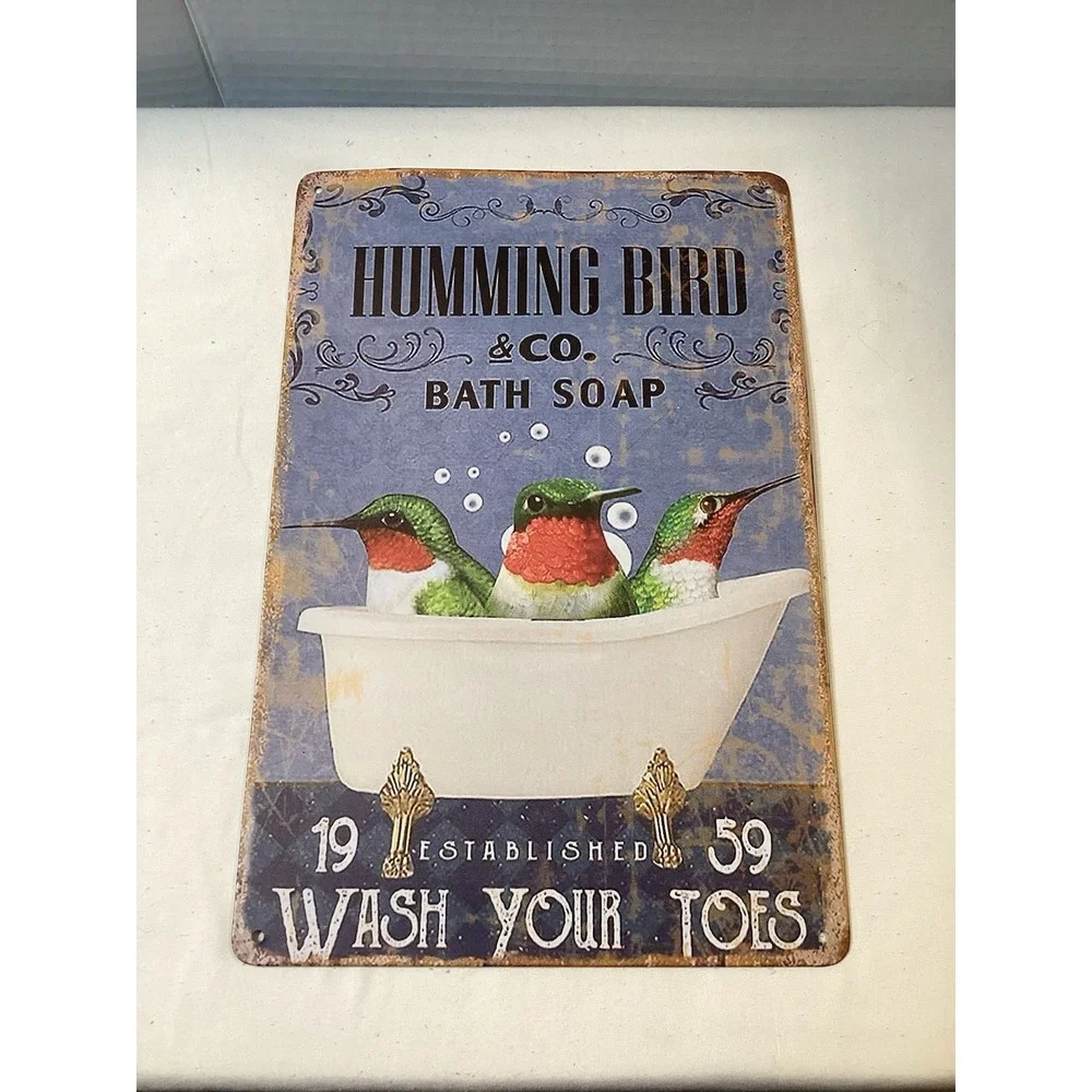 Metal Hummingbird Bath Soap Sign Farmhouse Cottage Core Decor Country Critters